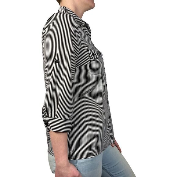 Notations Womens Black and White Striped Roll Tab Sleeve Button Shirt - Picture 2 of 7